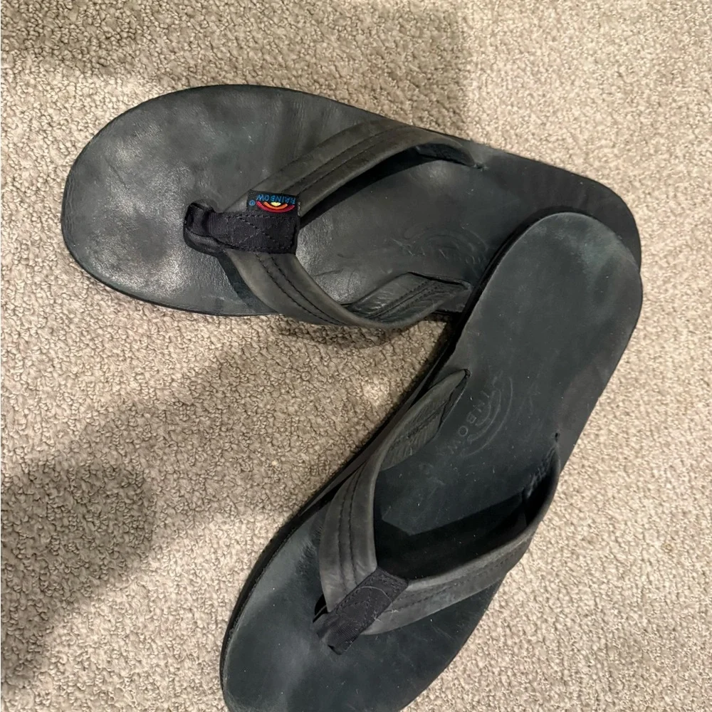 BLACK SIZE 12 LEATHER RAINBOW SANDALS SINGLE LAYER ARCH SUPPORT